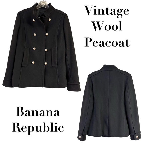 Banana Republic Wool Peacoat Black Jacket Vintage 2004 Y2k Silver Buttons Small - Picture 1 of 16